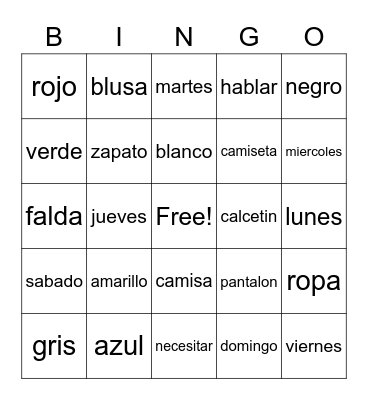 2B Vocabulary Bingo Card