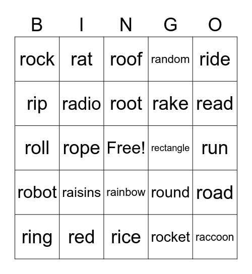 Beginning R Words Bingo Card