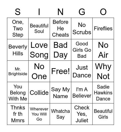 Cru 2000's Singo Bingo Card