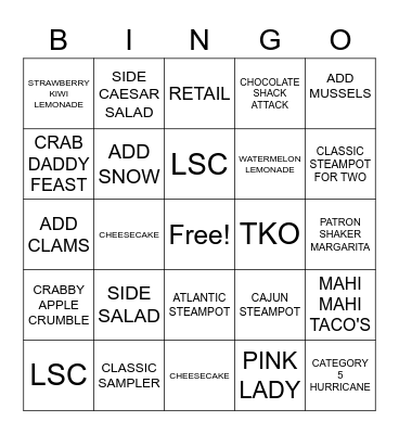 Joe's Crab Shack Bingo Card