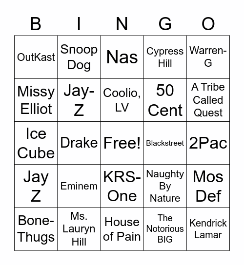 Hip Hop Bingo Card