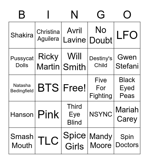 Girl/Boy Bands Bingo Card