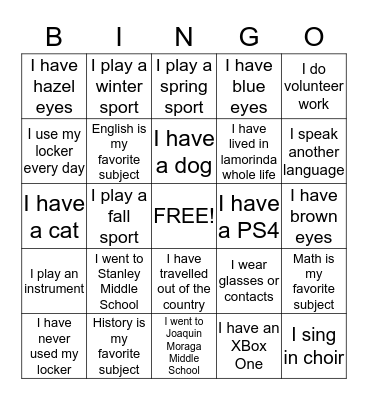 Freshman Bingo Card