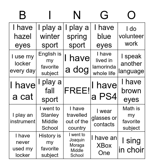 Freshman Bingo Card