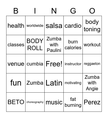ZUMBA Bingo Card