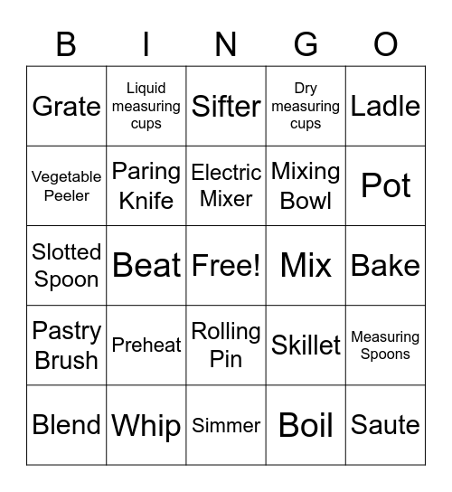 Kitchen Tools and Terms Bingo Card