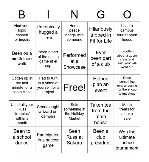 Oak Grove Student Bingo Card