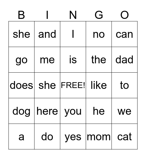 HIGH FREQUENCY WORDS Bingo Card