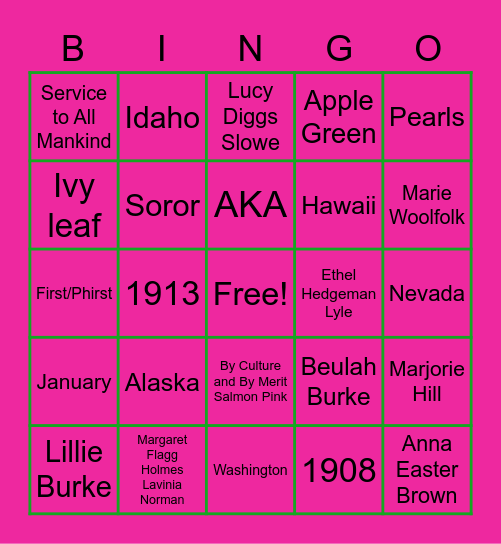 All Things Pink & Green Bingo Card