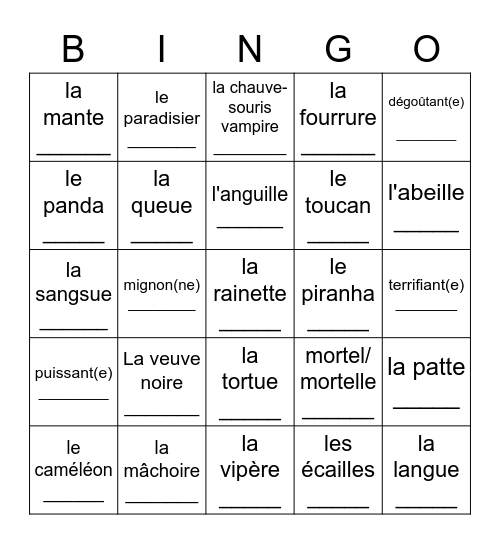 Les animaux, unité 3; test de compréhension orale Bingo Card