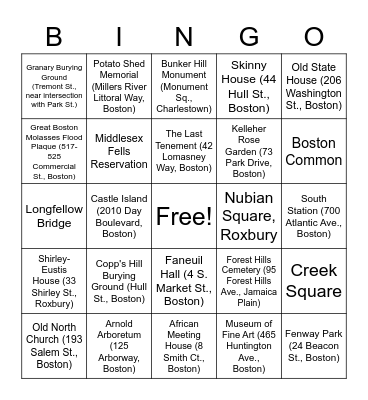 Boston Landmark Bingo Card