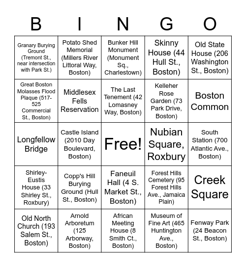 Boston Landmark Bingo Card