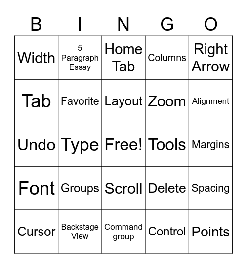 Microsoft Word Bingo Card