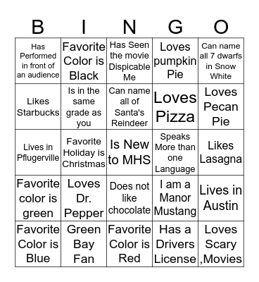 Getting to know you BINGO Card