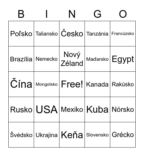 Krajiny vo svete Bingo Card