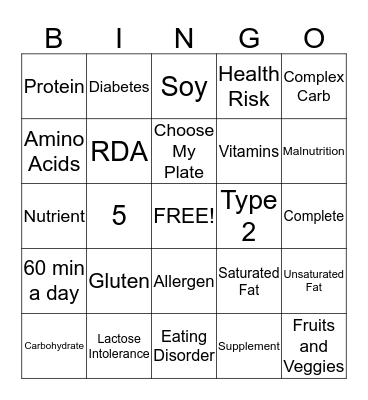 Nutrition Bingo Card