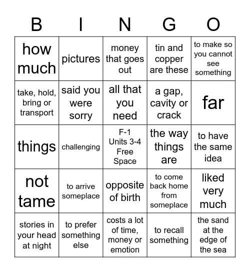 Vocabulary THINKO: Foundation1 Units 3-4 Bingo Card