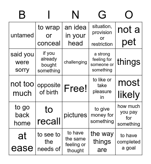 Vocabulary THINKO: Foundation 1 Units 3-4 Bingo Card
