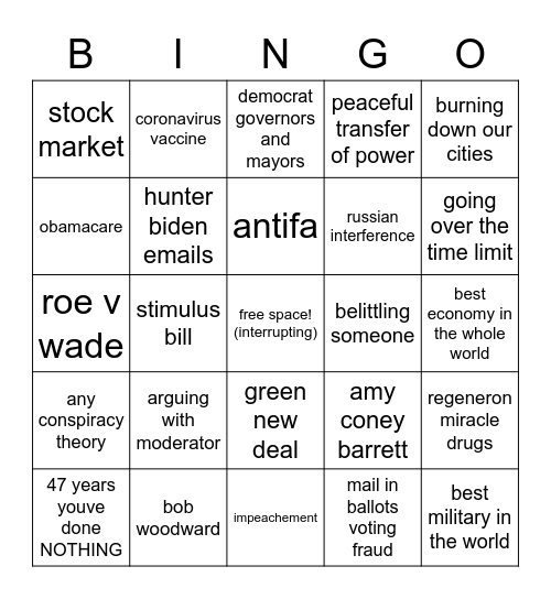 presidential debate 2020 Bingo Card