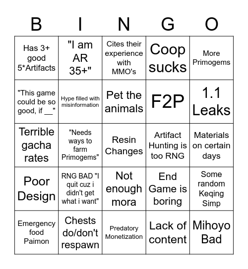 Genshin Bingo Card