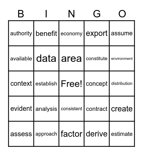 Academic Word List First 25 Bingo Card