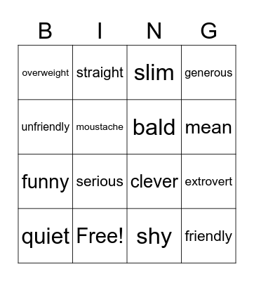 Description Words Bingo Card