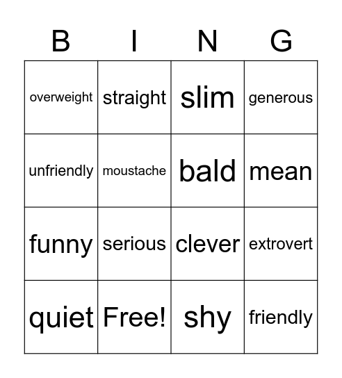 Description Words Bingo Card