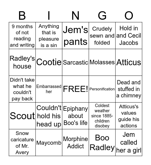 TKM Chapters 1-11 Bingo Card