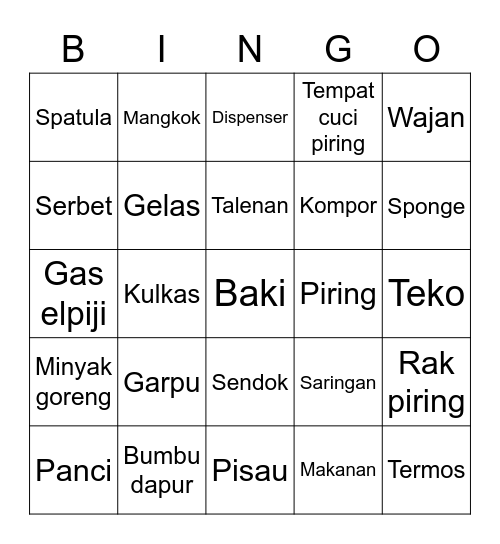 Nama benda di dapur Bingo Card