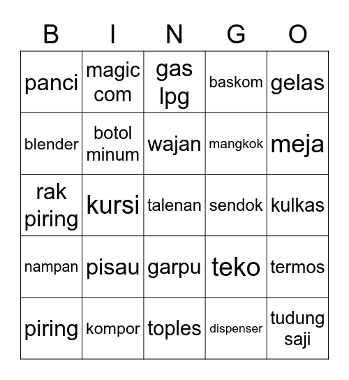 benda di dapur Bingo Card