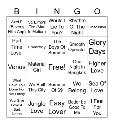80s Hits Bingo Card