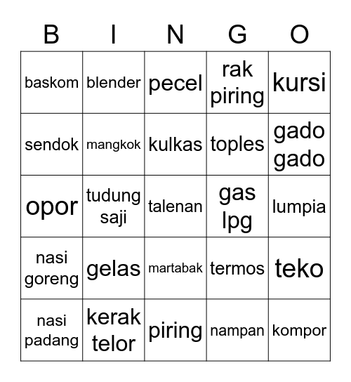 benda di dapur Bingo Card