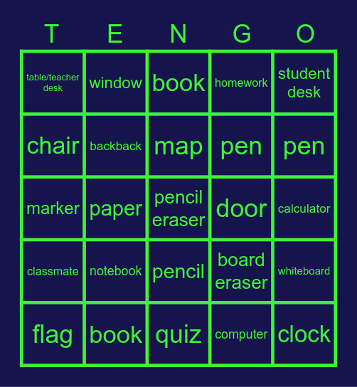 Spanish 1 U2: School Vocabulary Bingo Card