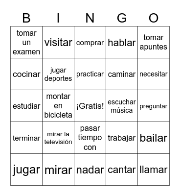 Spanish  -AR  Verbs Bingo Card