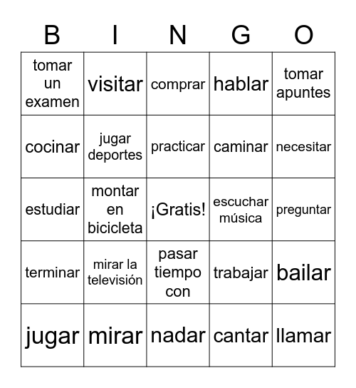 Spanish  -AR  Verbs Bingo Card