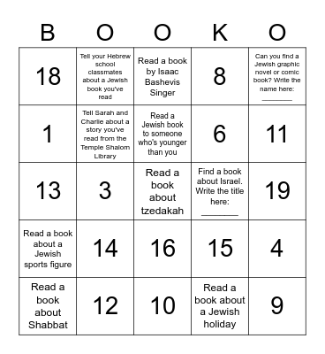 Temple Shalom Library BINGO Card