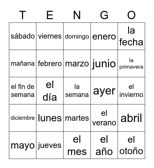 Dias, Meses y Estaciones Bingo Card