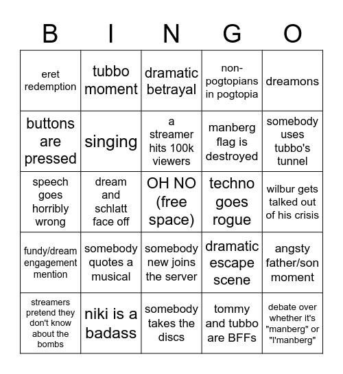 Dream SMP Festival Bingo Card