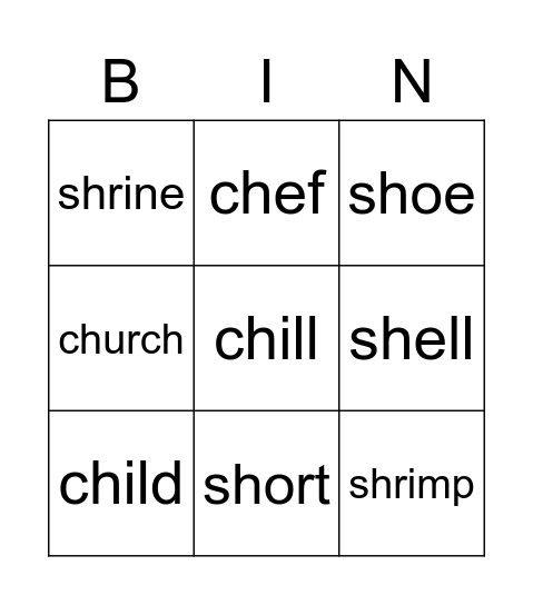 CH and SH Bingo Card