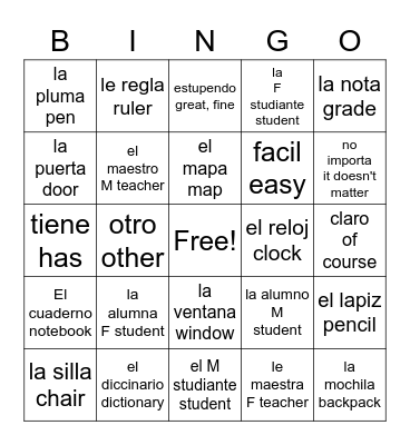 Spanish Bingo Card