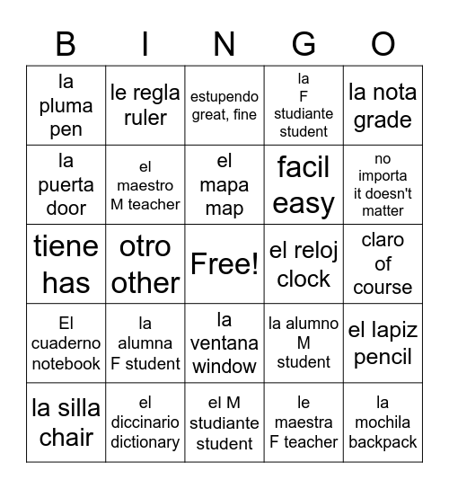 Spanish Bingo Card