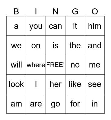 Grade 1 Sight Words Bingo Card