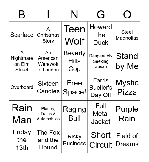 80's Movies Bingo Card