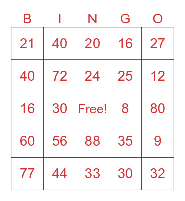 Multiplication Bingo Card