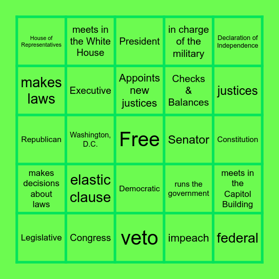 3 Branches of Government Bingo Card