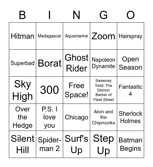2000's Movies Bingo Card
