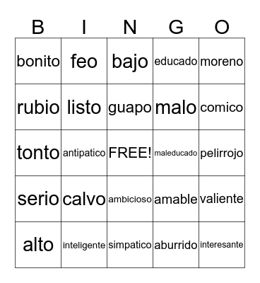 VOCABULARY BINGO Card
