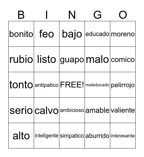 VOCABULARY BINGO Card