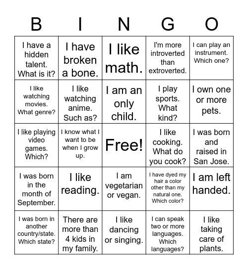 Class Bingo Card