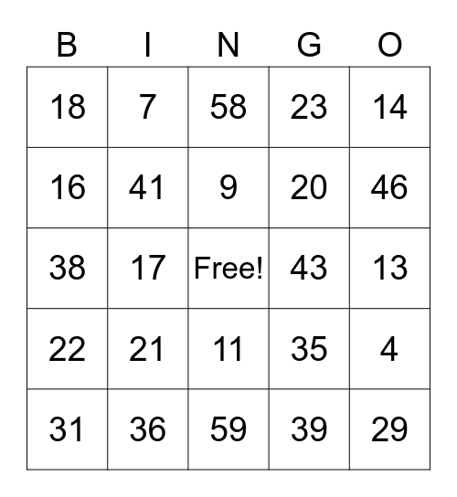 Numbers 1 - 66 Bingo Card